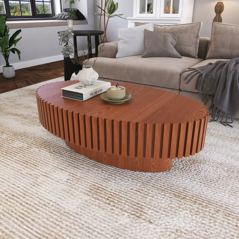 Handcrafted Relief Oval Coffee Table, Natural Wood
