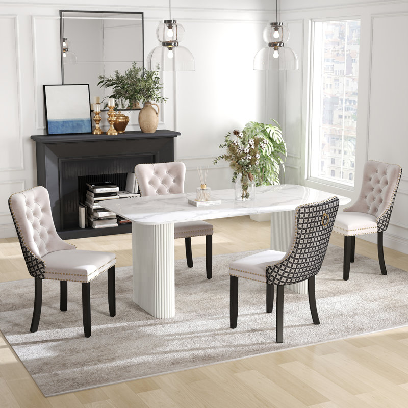 Ensemble de salle à manger rectangulaire à double piédestal avec table de salle à manger de style crème, 5, Beige