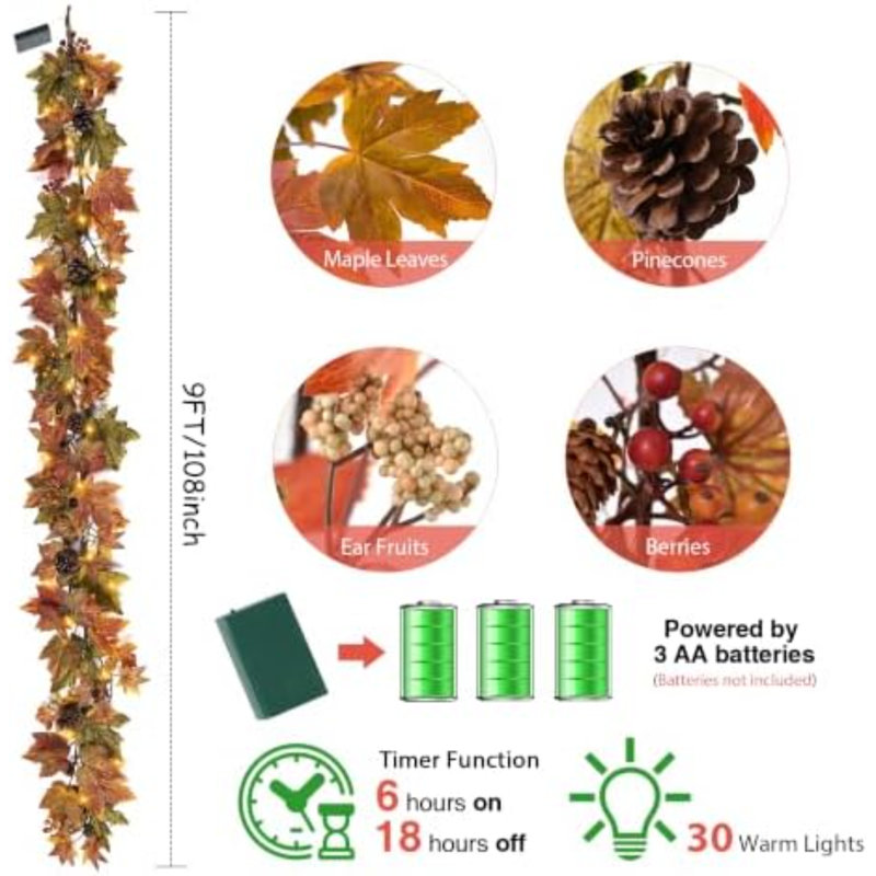 Guirlande d'automne feuille d'érable, guirlande 9 pi avec 30 lumières chaudes