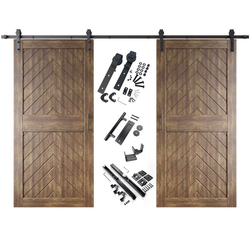 Noyer foncé Homacer 36 po x 84 po fini et non assemblé 4-en-1 Fishbone avec deux portes de grange avec quincaillerie d'installation sans dérivation, rail de 13 pi, utilisation intérieure seulement