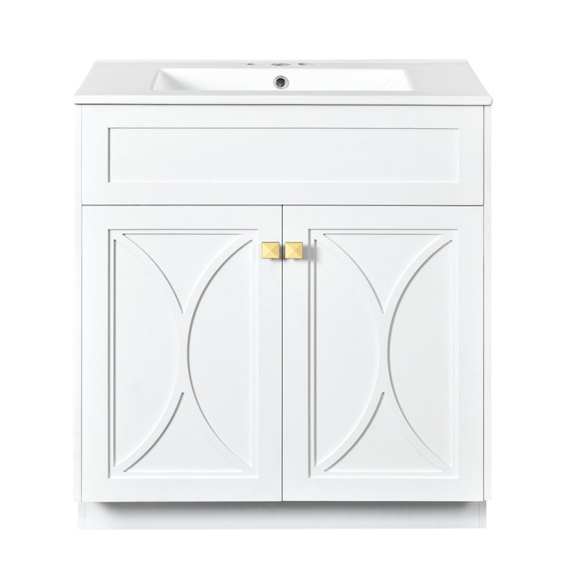 Meuble-lavabo 30 po à poignée dorée avec lavabo en céramique - autoportant moderne, fermeture en douceur