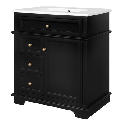 Meuble-lavabo noir de 30 po, lavabo en céramique, tiroir basculant, trois tiroirs, tablette de porte, configuration de rangement bien pensée, meuble-lavabo de 30 po avec finition, une et une tablette Essentials