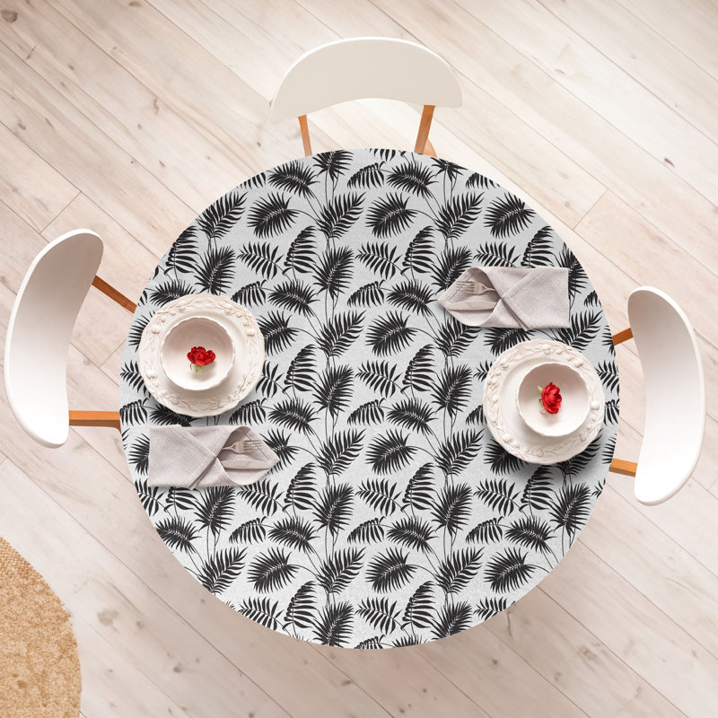 Wrought Studio™ Leaves Fitted Round Tablecloth Diameter Charcoal Grey White