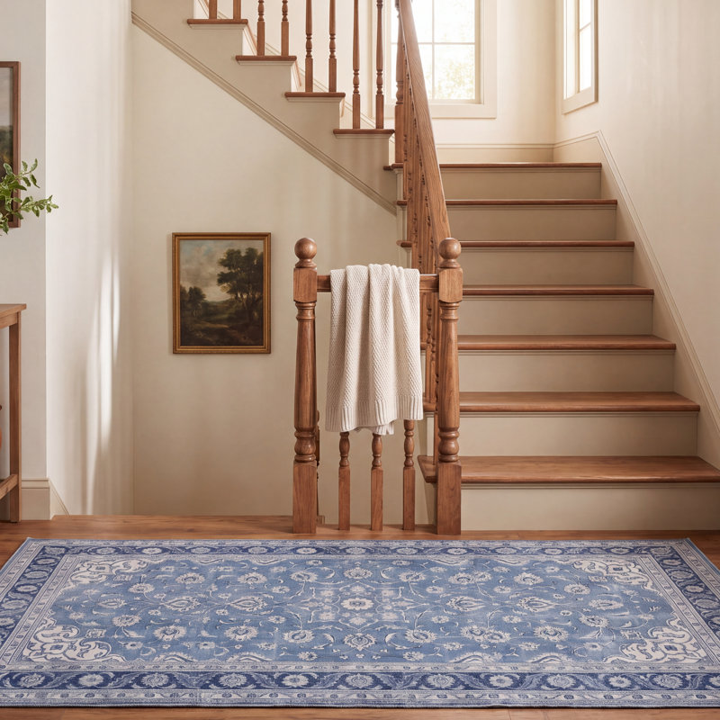 Tapis Vale traditionnel à médaillon délavé, style persan, bleu, gris et crème, lavable à la machine, antidérapant, à poils courts, pour l'intérieur et l'extérieur, adapté aux animaux domestiques, idéal pour le salon, la chambre, la salle à manger, l'entrée, le couloir ou le bureau.