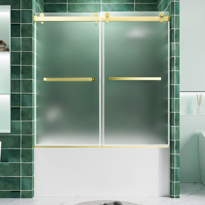 56-60" X 60" Fully Frameless Sliding Bathtub Door , 1/4" Frosted Tempered Glass With Explosion-proof Film Gold