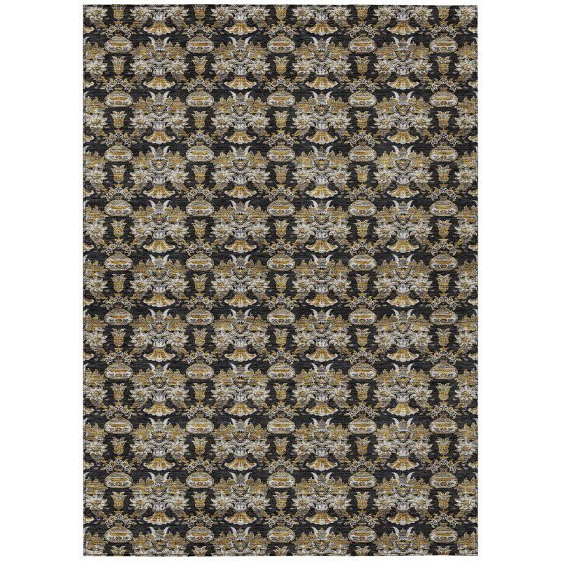 Machine Washable Indoor/Outdoor Chantille ACN2682 Floral Rug, 9' x 12', Black
