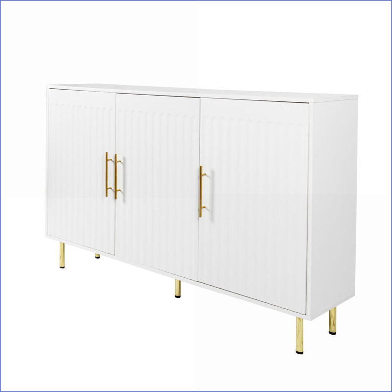 Sideboard, 55.12” W White Modern 3-Door Storage Buffet with Gold Handles | Particle Board+MDF