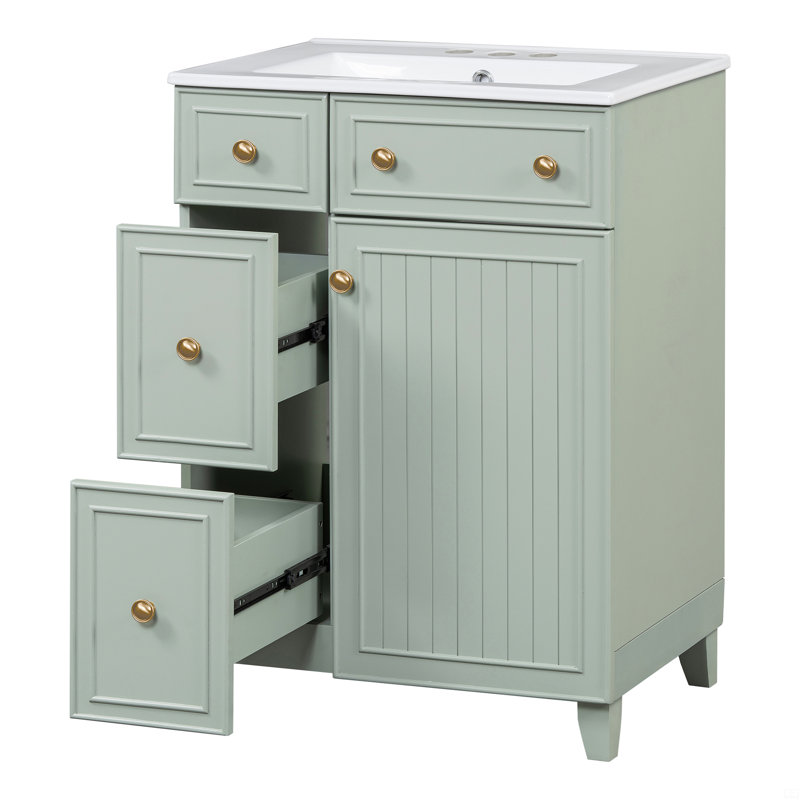 Armoire de meuble-lavabo 24 po avec lavabo en céramique, 2 tiroirs, 1 porte, Vert / or