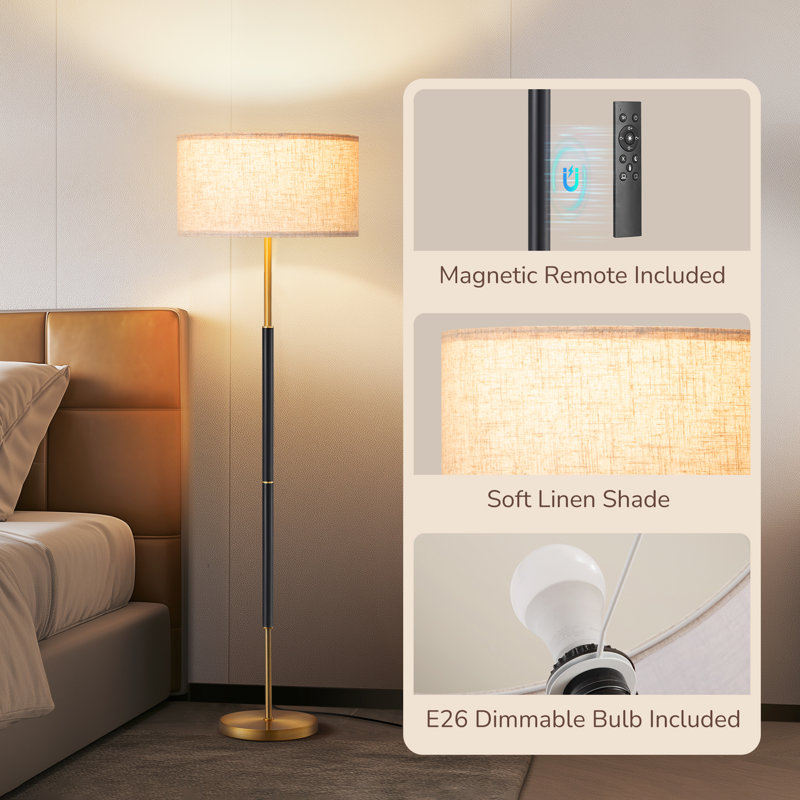 65" Black and Gold Dimmable Floor Lamp with Linen Shade