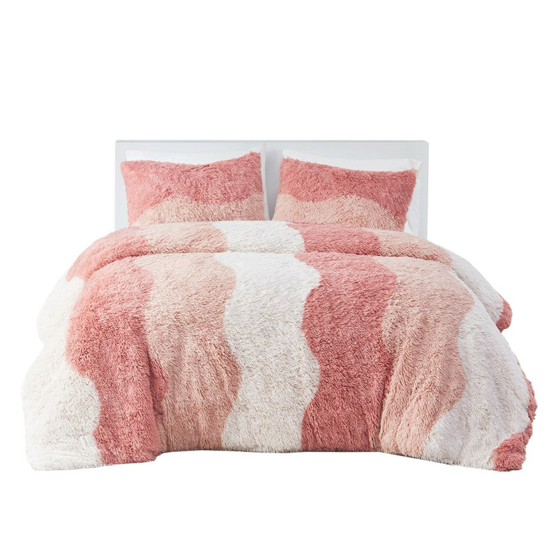 Grand édredon en fausse fourrure à poils longs, ombre ton sur ton rayée, rembourré, 2 taies décoratives, dossier en microfibre, taille de literie lavable avec vague, revers, machine