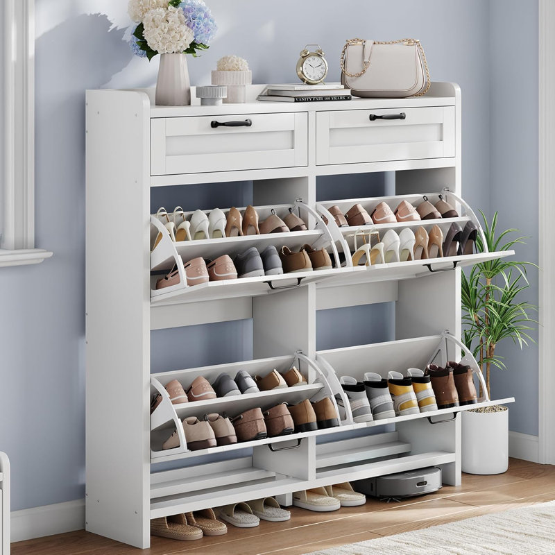 4-Tier Large Shoe Storage Cabinet with 2 Flip Drawers & Top Drawers, Freestanding Shoe Organizer for Entryway, Hallway, White