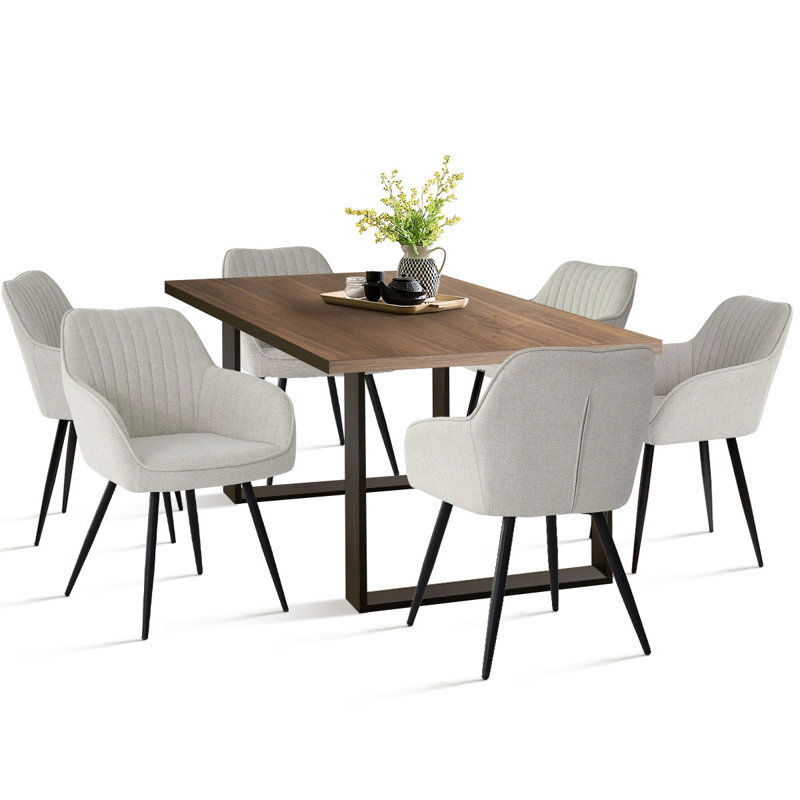 Bhagirath 31.5'' W 6-Person Rectangular Dining Set, Walnut, Beige