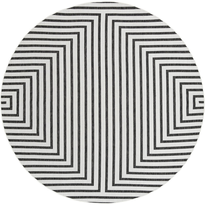 Tapis contemporain de couleur blanche et noire Odawa, Rond 10pi
