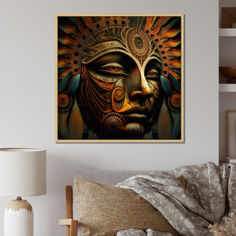 Ancien masque tribal Amazonien, H 24 po x l 24 po x P 1 po, Cadre naturel flottant