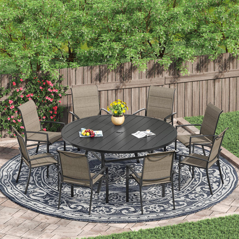 60" Patio Dining Set with Extra Large Round Dining Table and 8 Padded PVC-coated polyester Dining Chairs, Black/Black/Brown