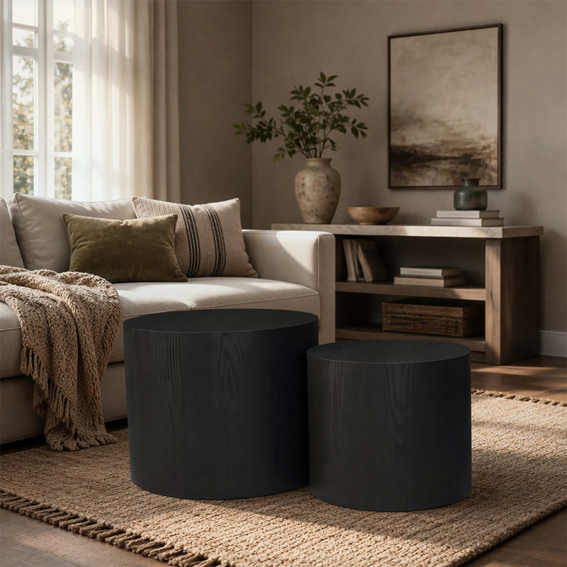 Ensemble de 2 tables basses gigognes, conception ronde moderne avec pieds antidérapants, parfait pour les petits espaces et les pièces multiples, aucun assemblage requis, finition noir mat