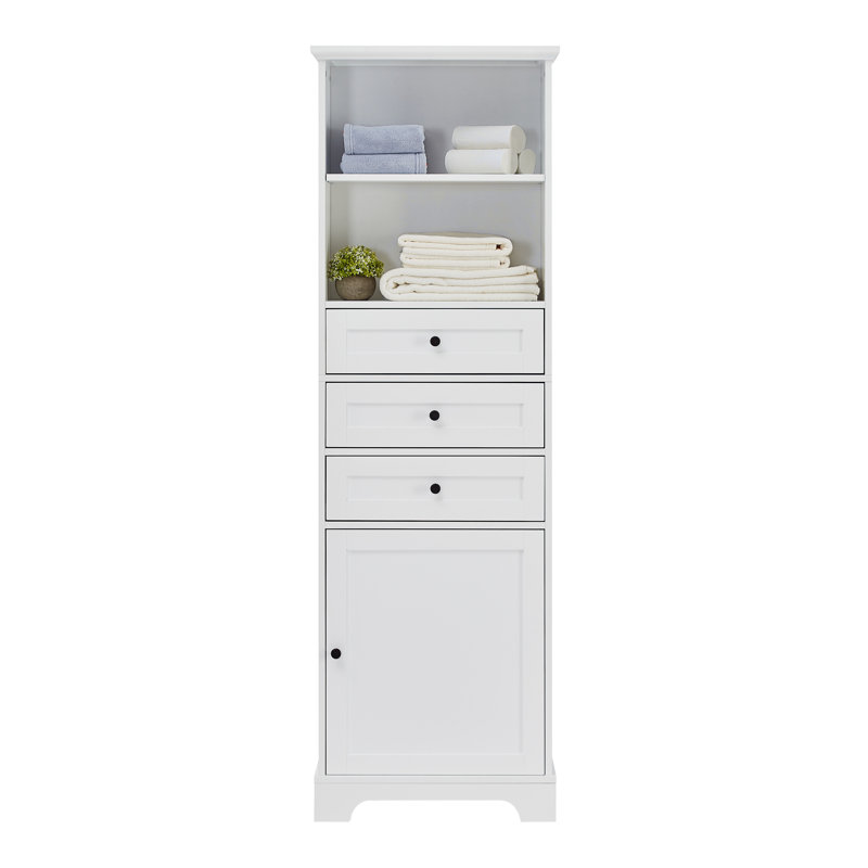 White Tall Bathroom Storage Cabinet with Adjustable Shelves and Drawers