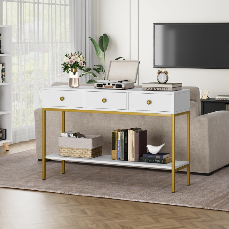 Console avec 3 tiroirs, table de vestibule, table de canapé étroite pour le couloir, salon, vestibule, bureau, couloir, Blanc