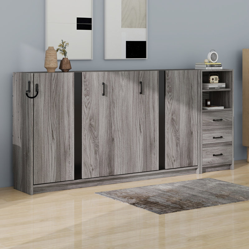 Lit armoire mural en bois intégré avec tablettes et tiroirs