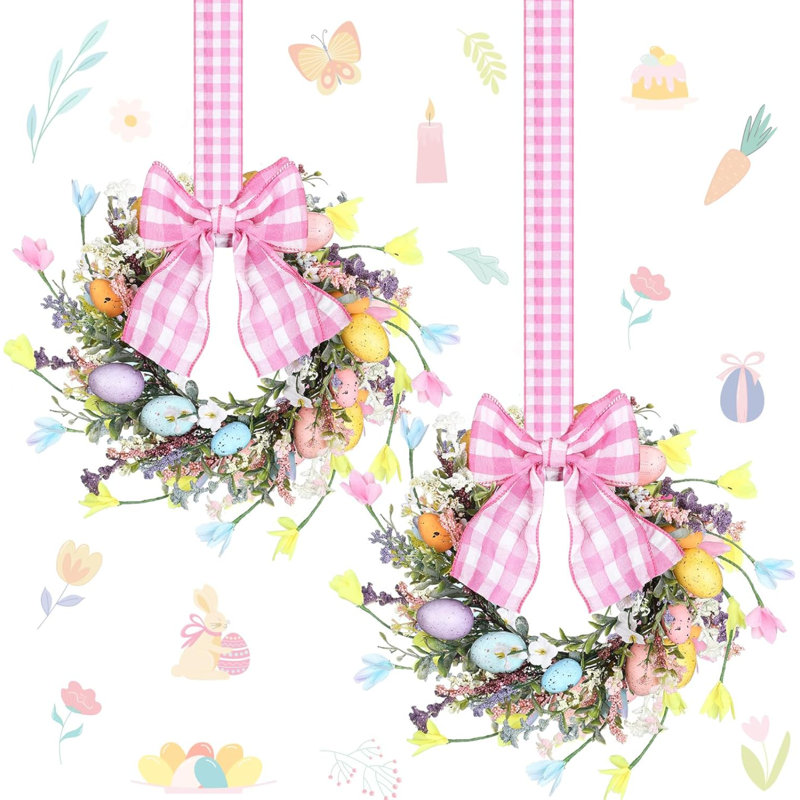 2 pièces 9 po Mini couronne de Pâques pour porte d'œufs de Pâques avec porte d'armoire de cuisine, fleurs de printemps, fleurs sauvages, décorations florales avec ruban pour la maison
