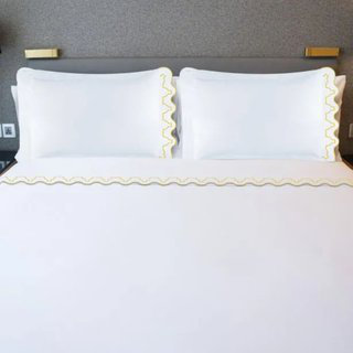Imaginary Scallop 400TC Embroidery Cotton 4 Piece Sheet Set Fitted Sheet Fits Upto 16" Deep Pocket, Gold, Queen Sheet Set