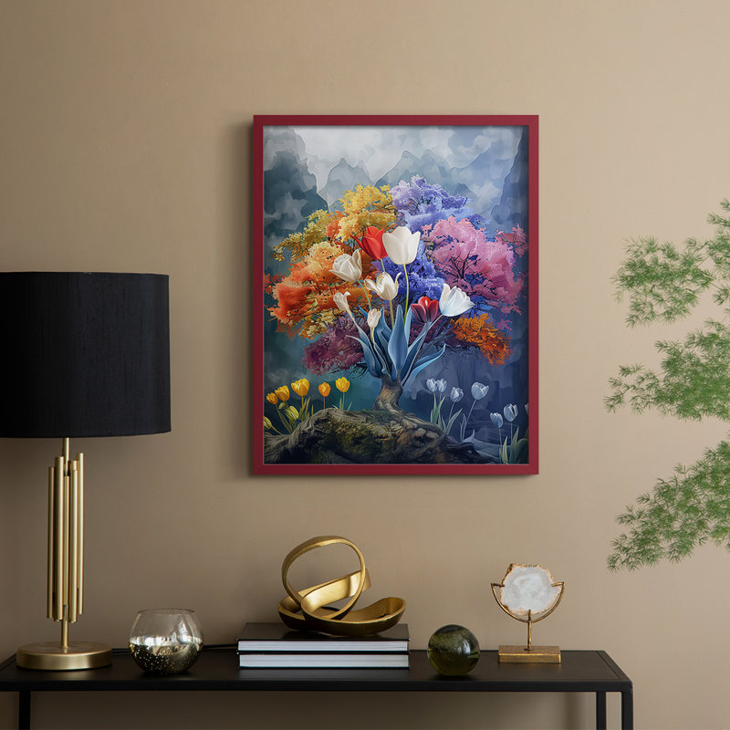 Reproduction encadrée FLORAL Series DCCDXII - bois massif, H 21 po x l 17 po, Rouge