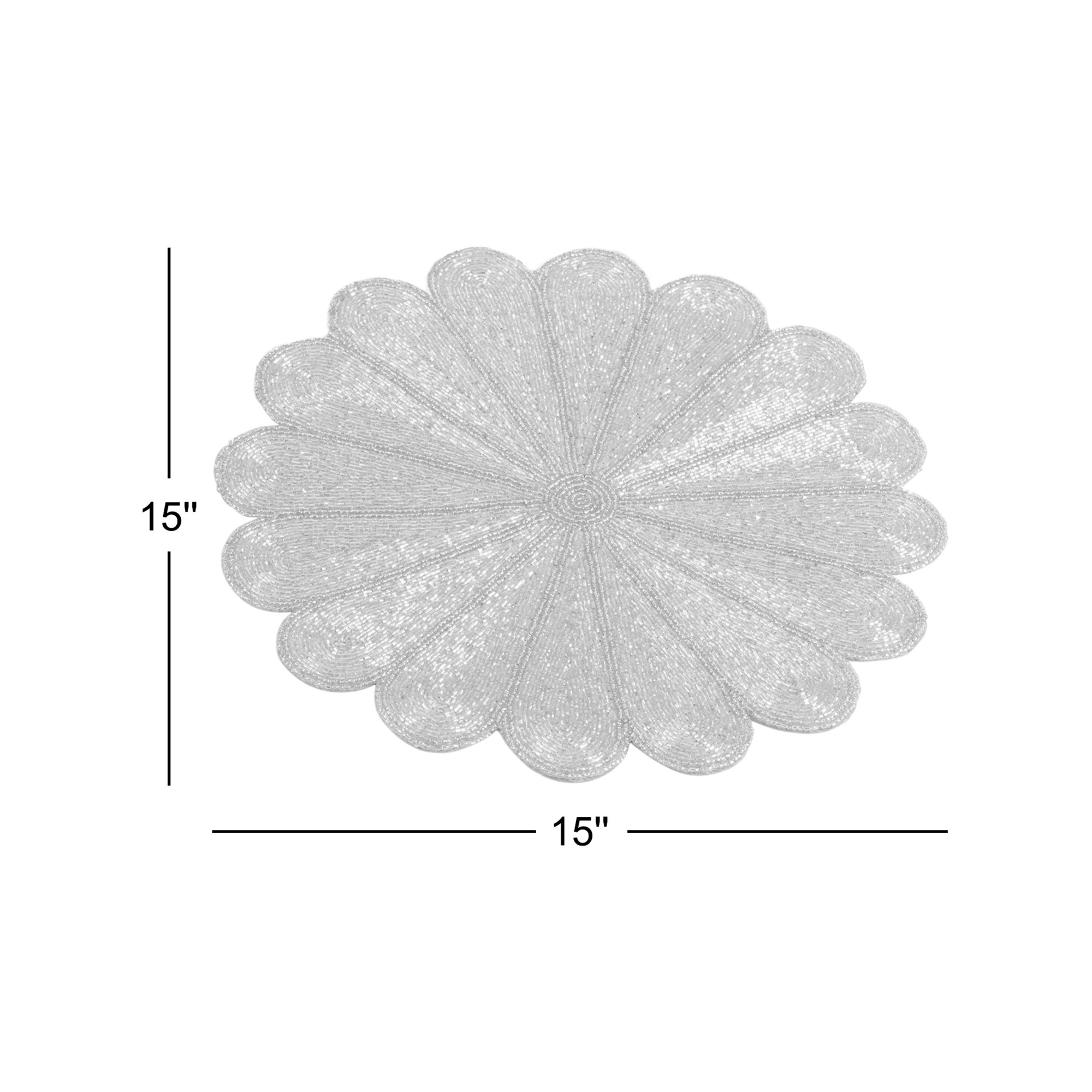 Kaeto Flower Design Beaded 15" Glass Placemat, Silver