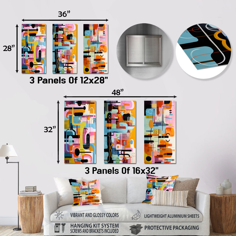Ensemble de 3 reproductions d'art murales géométriques abstraites Mid-Century, H 28 po x l 36 po