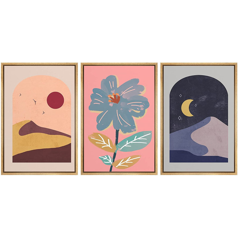 Multicolor Sun and Moon Flower Landscape - 3 pièces, reproduction sur toile encadrée flottante, H 24 po x l 48 po x P 1,5 po