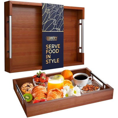 Modern Bamboo Serving Tray With Metal Handles – Stylish Wooden Ottoman Tray For Entertaining & Serving Food - Dark Brown, Eco-Friendly And Versatile Design