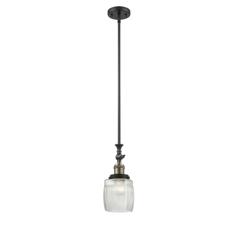 Luminaire suspendu cylindrique simple à 1 lumière Mireya, Ampoule non incluse, Laiton antique noir, Halophane transparent