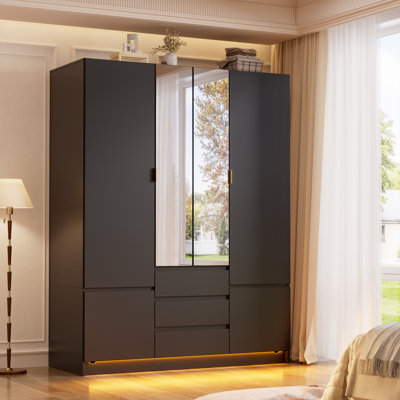 Armoire-penderie 4 portes avec éclairage à DEL et miroir, armoire-penderie autoportante à grande capacité avec tiroirs pour la chambre à coucher, armoire de rangement avec penderie pour la chambre à coucher