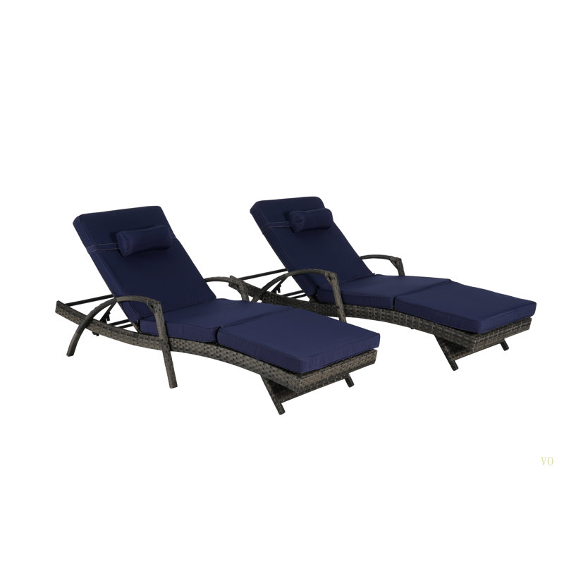 Ensemble de 2 chaises longues d'extérieur en osier avec coussins, chaise longue inclinable en osier, Bleu très foncé