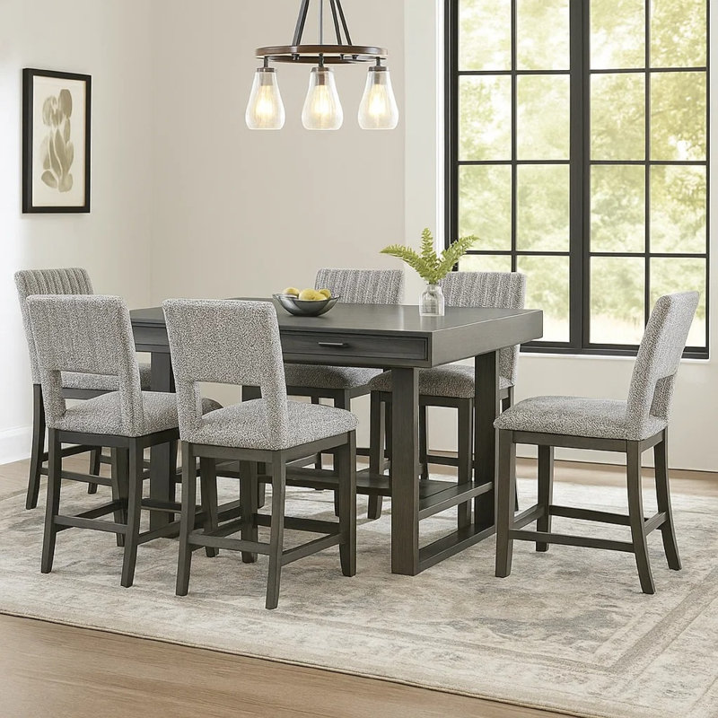 Manny 7Pc Counter Height Dining Set, Storage Table, 6 Chairs, Gray