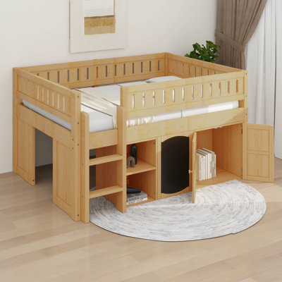 Low Loft Bed With Storage Cabinet, Shelves And Chalkboard Panel, Wooden Full Size Low Loft Bed