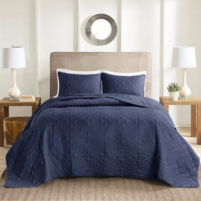 Navy 3 Piece Bedspread For Queen - Microfiber Cover, 100% Fill, , Machine Washable, Style Shell, Filled, Slovenian