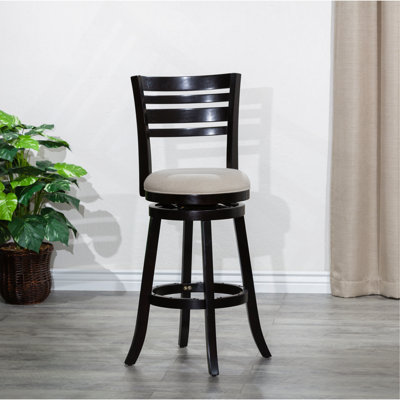 Tabouret pivotant à lattes de 30 po de hauteur de bar, finition espresso, siège en tissu beige