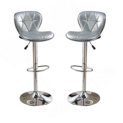 Silver / Grey Faux Leather PVC Stool Counter Height Chairs Set Of 2 Adjustable Height Kitchen Island Stools Chrome Base.