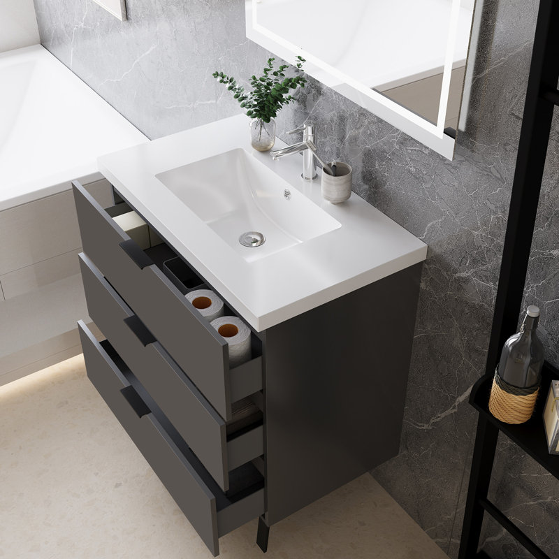 80mm Single Bathroom Vanity with Integrated Resin Basin, Grey