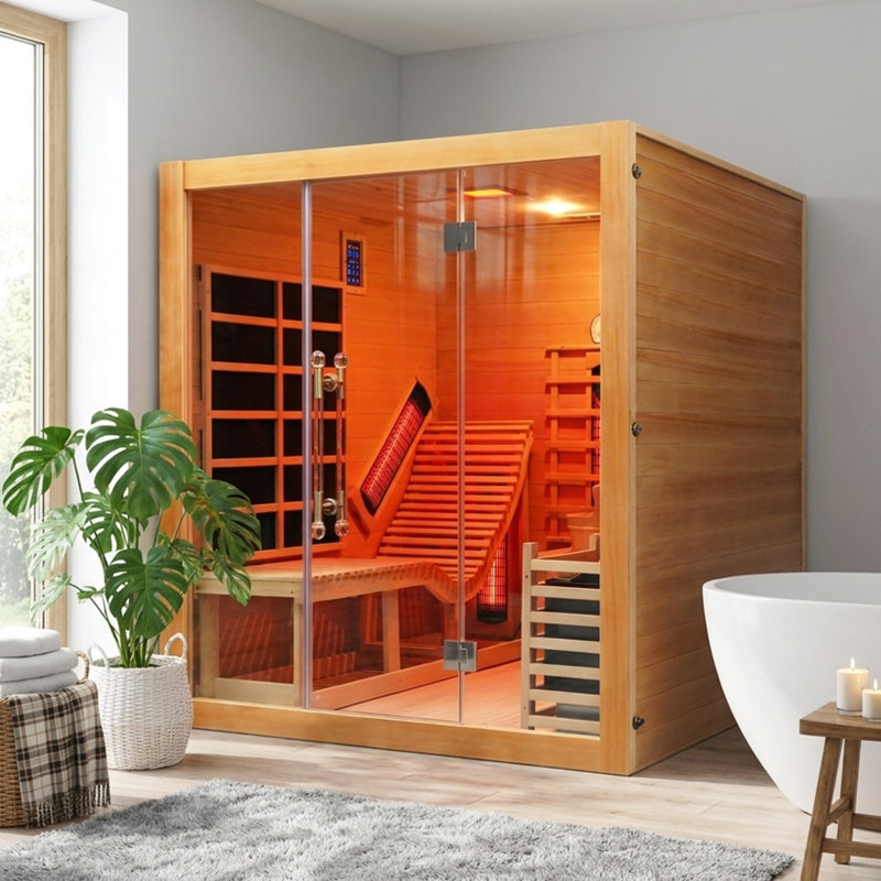 Smartmak® Dual System 2-3 Person Wooden Steam Sauna Room with 220V, 6 KW Toule Stove Heater, Luxurious Indoor Infrared Sauna Home with 8 Upgraded Heaters, Canadian Helmock, 71" L x 71" W x 75" H