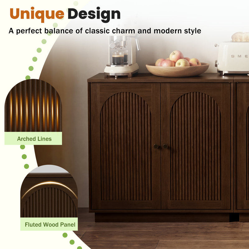 Sideboard Buffet Cabinet With Storage, Fluted Arched Storage Cabinet With Adjustable Shelf, Wooden Modular Coffee Bar, Modern Console Table For Living Room Kitchen Dining Room Entryway, Brown