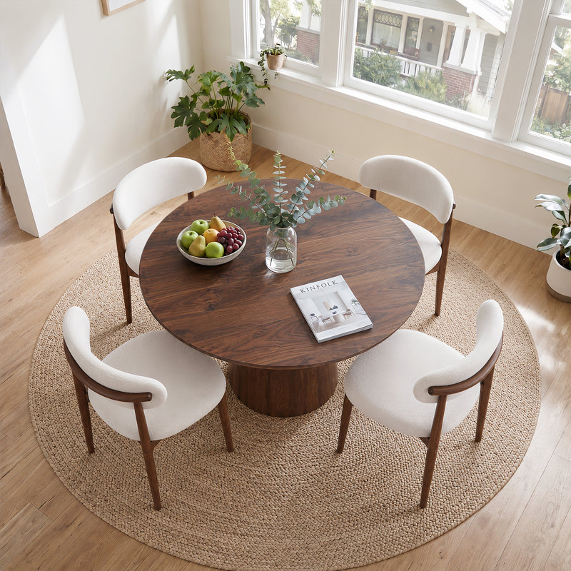 Ensemble de table de salle à manger à piédestal 45,2 po, Ensemble de cinq pièces : table, quatre chaises, Beige / noyer