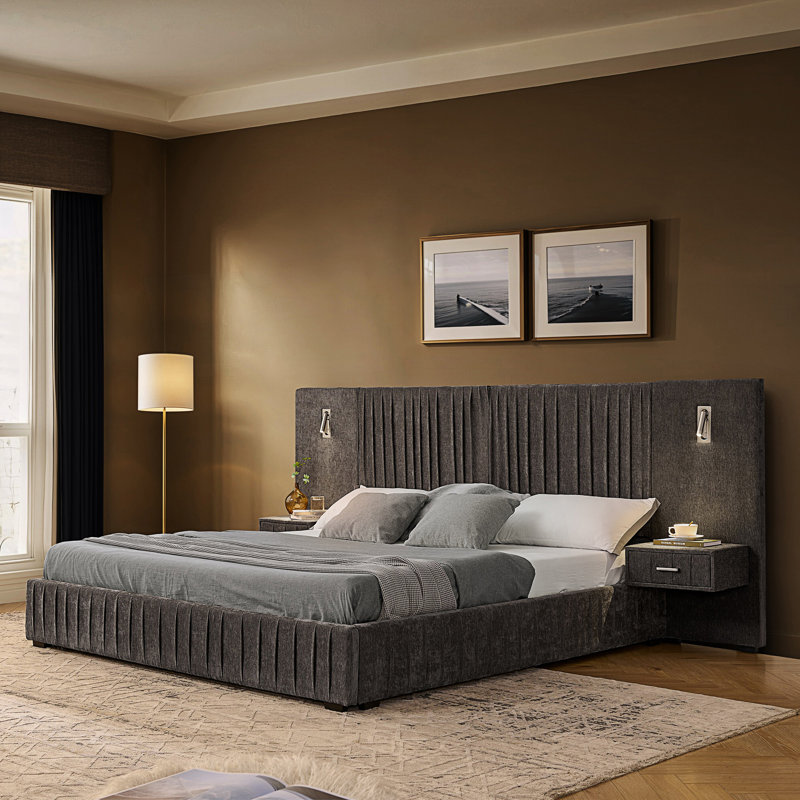Base de lit tapissier grand format, lit plateforme grand format avec tête de lit et table de chevet, Grand lit, Gris foncé