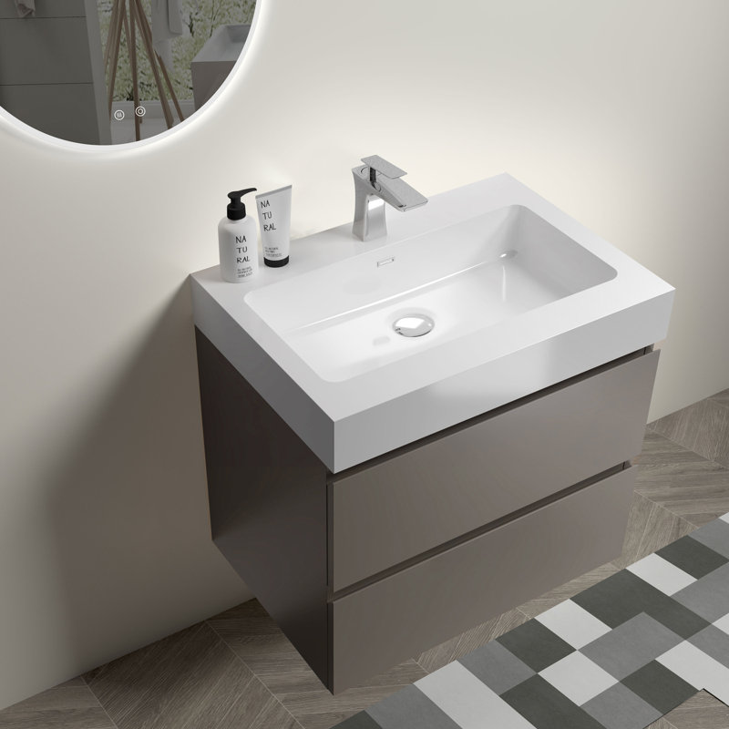 Meuble-lavabo mural 24 po avec lavabo, grand meuble-lavabo flottant mural pour salle de bain, Gris, Blanc