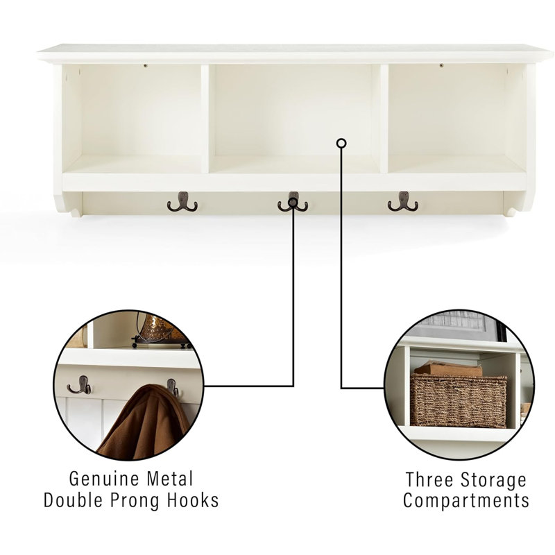 Brennan Entryway Wall Shelf With Coat Rack Hooks, Veneer Construction, Full-Length Storage Shelf, And Three Large Cubbies