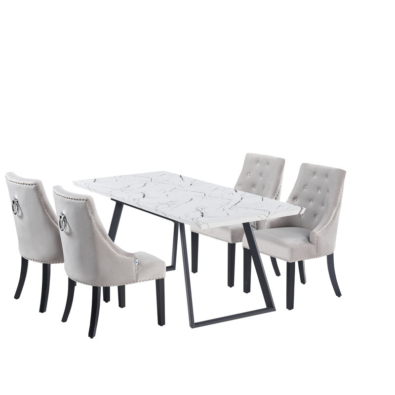 Rosamond 4 Person Dining set - a Rectangular Wooden Dining Table with Metal Legs and a Set of 4 Quilted Ring Knocker Velvet Dining Chairs for Dining Room - Modern Dining Table Set
