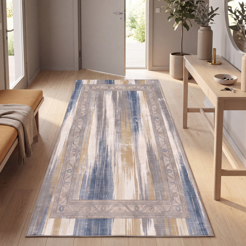 Tapis moderne ocre à l'aquarelle abstraite, bleu, gris, or, crème, ivoire, lavable à la machine, antidérapant, à poils courts, adapté à l'intérieur et à l'extérieur, pour salon, chambre, salle à manger, entrée, couloir, bureau
