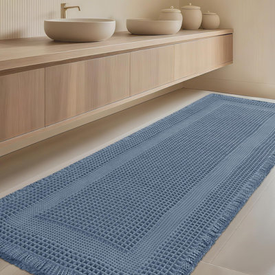 Extra Large Waffle Bath Mat, Boho Bathroom Rugs Absorbent Non Slip, Ultra Soft Bathroom Mat, Machine Washable Knit Bath Rugs with Tassels for Bathroom, Bedroom, Kitchen, Tub, 5'x2', Blue