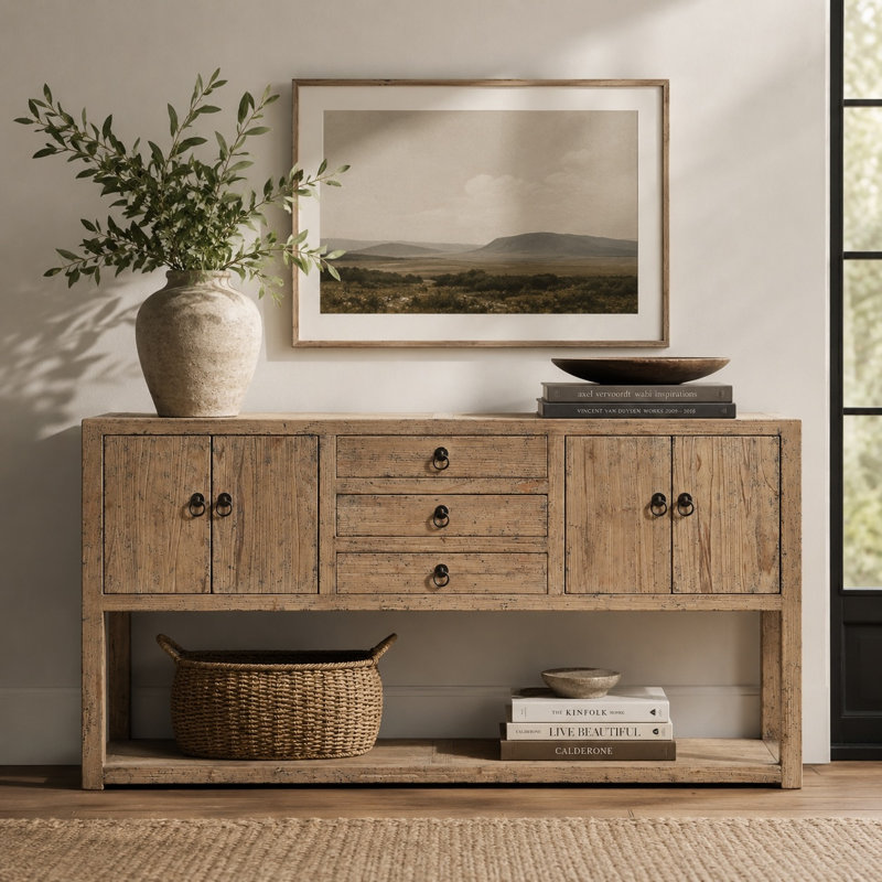 Three Drawers Console Table Weathered Natural with Distressed Gray
