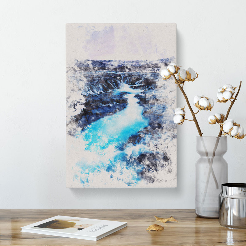 Winter Waterfall In Iceland Watercolour - Wrapped Canvas Print, 91cm H x 60cm W x 3cm D